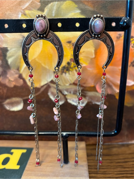 Free People Jewelry - Free People Rhiannon Earrings - Boho Crescent Drops with Pink Stone Accents